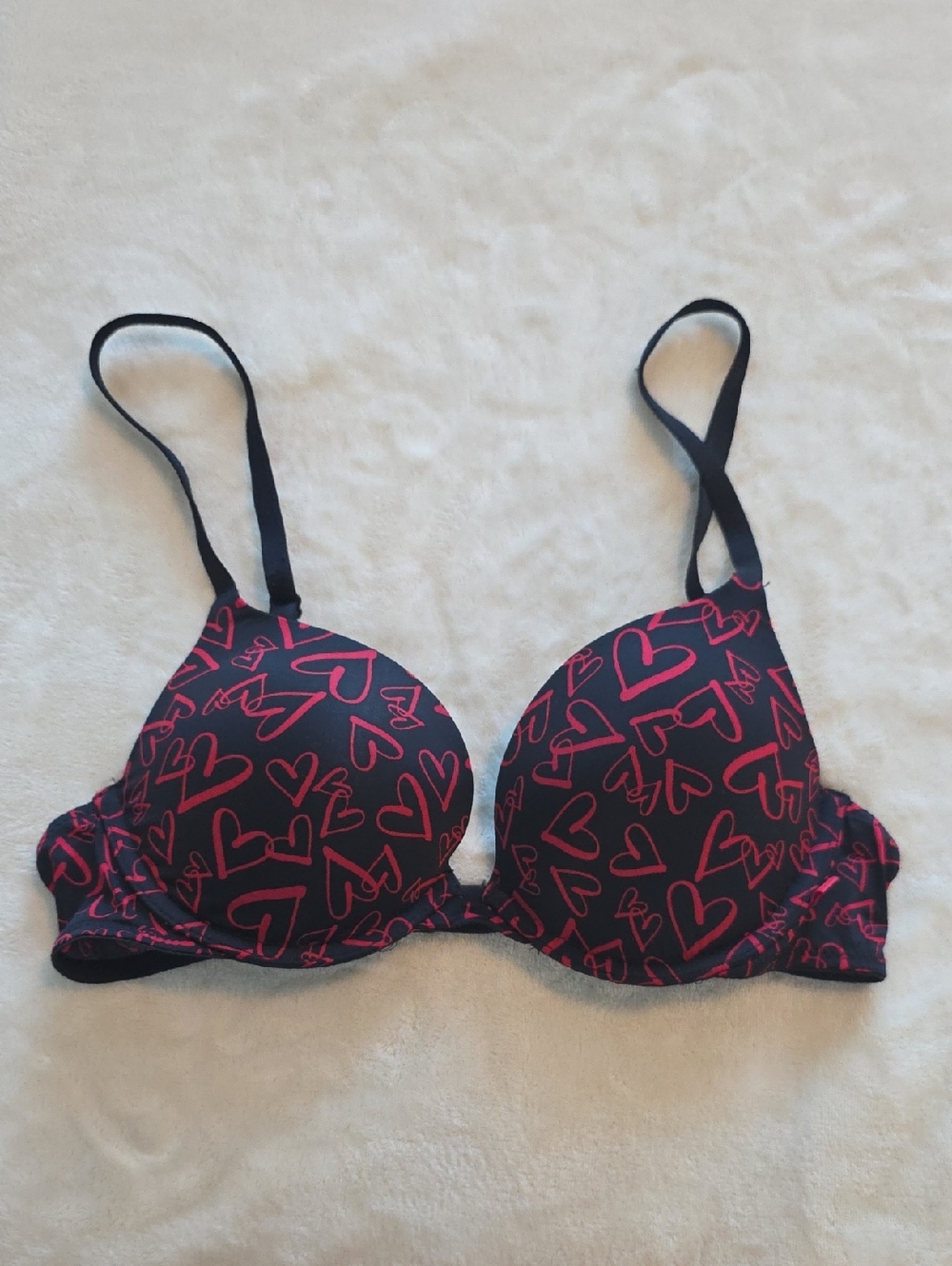 Victoria's Secret Black Bra with Hot Pink Heart Print